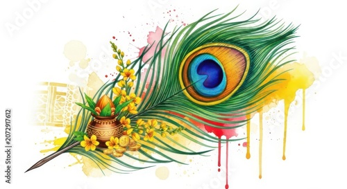 Beautiful peacock feather with traditional indian kalash pot and yellow flowers in a colorful artistic watercolor style