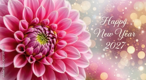 Beautiful pink dahlia flower with Happy New Year 2027 text greeting card design featuring soft glowing bokeh light effects