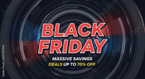 Black Friday sale banner with red text and massive savings deals up to seventy percent off on dark circular background