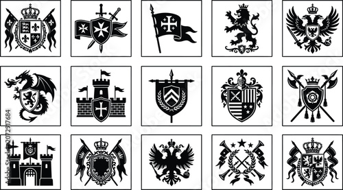 Collection of 14 black silhouette heraldry crests and coats of arms