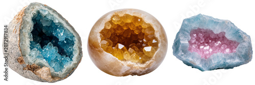 Tableau sur toile Three colorful geode crystals isolated on a white background