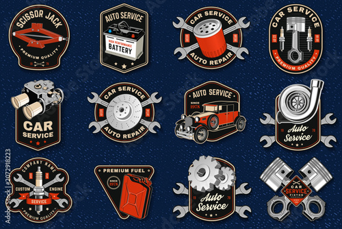 Retro Auto Service Badge Collection Vector. Vintage Garage Emblems for Automotive Repair and Workshop Branding