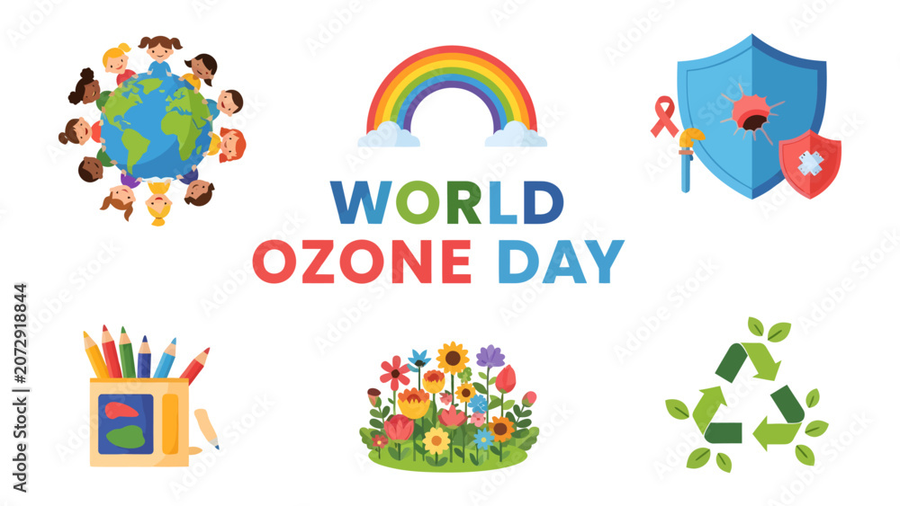 Naklejka premium World Ozone Day Celebration: A vibrant collage celebrating World Ozone Day, featuring children around the globe, a rainbow, protective shields, school supplies, colorful flowers.