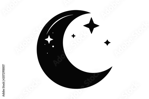 Crescent moon with stars vector illustration, Moon crescent icon silhouette vector