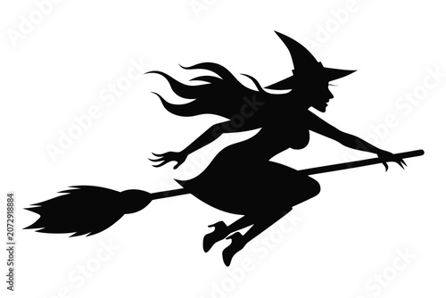 Witch flying on a broomstick silhouette vector, witch with broom vector illustration