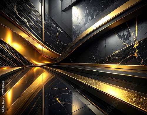 A futuristic, metallic corridor with golden accents and black marble