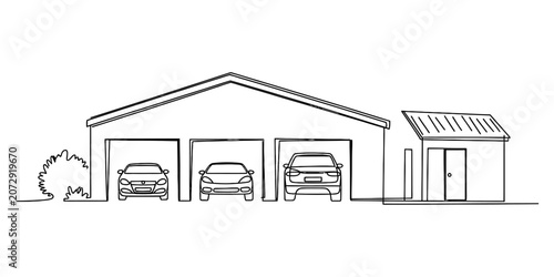 Foto Continuous line drawing of a large home garage with three cars parked inside and