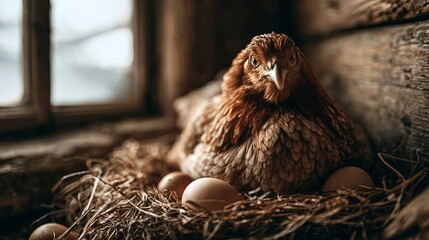 Close up photo of an adorable brown hen nesting in a rustic country chicken coop on farm, eggs side.