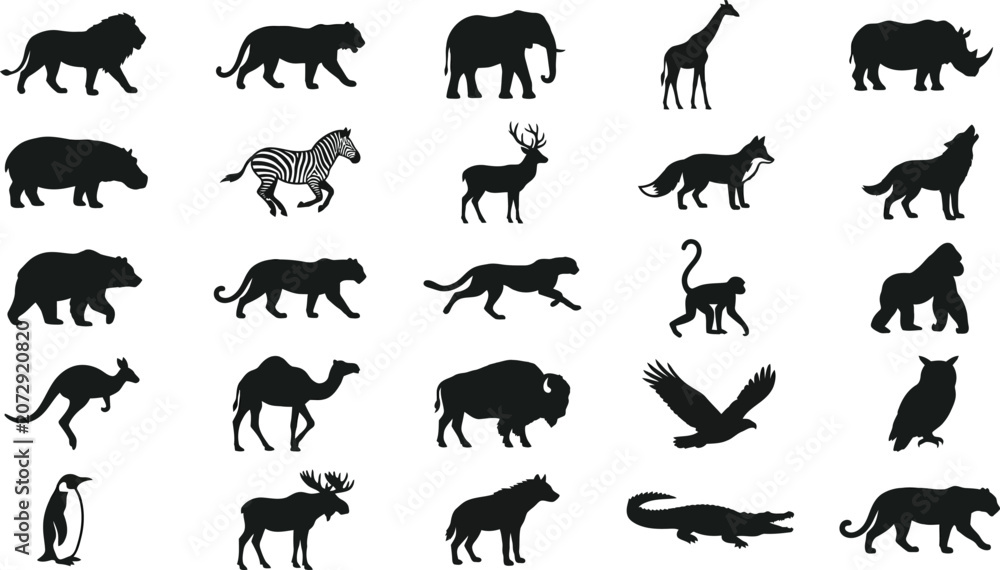 Fototapeta premium Black and white of various animals in profile, 24 style animal silhouettes horse