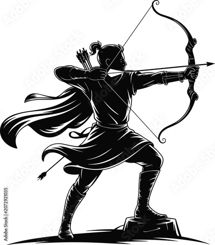 Foto Black and white vector illustration of a fantasy archer warrior aiming a bow and