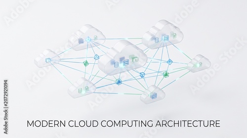 Interconnected floating cloud network with nodes and lines forms modern architecture