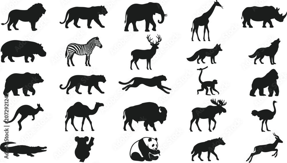 Obraz premium Black and white of various animals including mammals, birds, reptiles, and insects