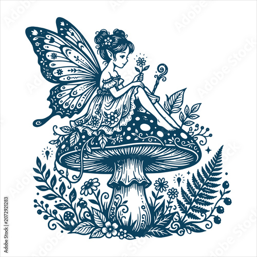 Fairy Sitting on Mushroom Fantasy Vector Illustration