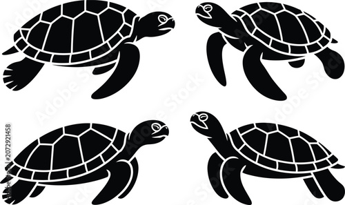 Fotografi Four black silhouettes of sea turtles swimming in different directions with silh