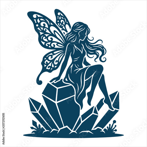 Fantasy Fairy Sitting on Crystal Vector Illustration