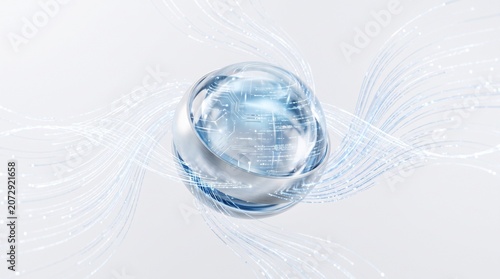 Geometric shapes transform into futuristic orb with swirling lines