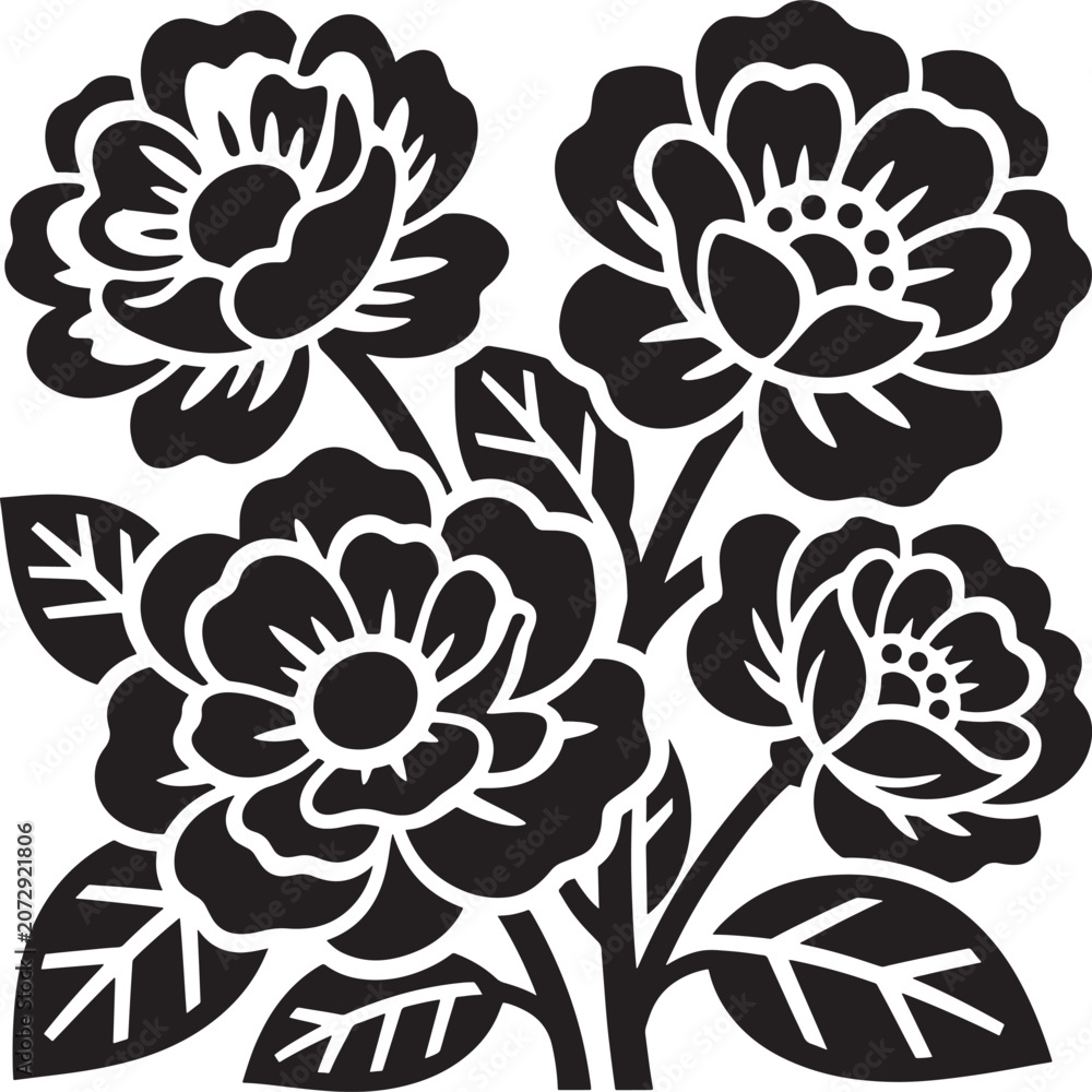 Obraz premium Black and White Floral Stencil Design with Leaves and Stems