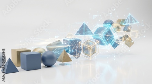 Digital shield made of interconnected geometric shapes floating in space