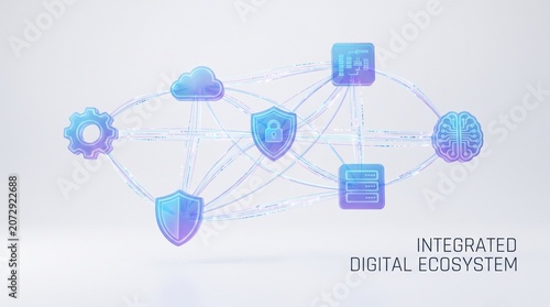 Elegant holographic data waves connect geometric shapes in digital ecosystem