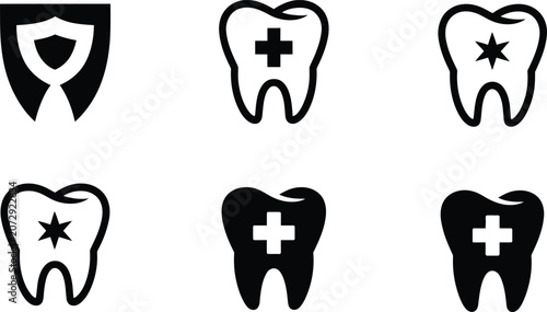 Schilderij op canvas Set of dental health and protection icons featuring shields medical crosses spar