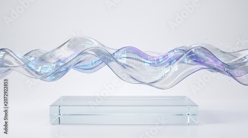 Elegant holographic data waves flow above a minimalist white podium