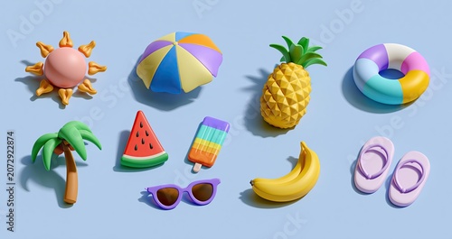 Colorful 3D summer icons featuring beach gear and sunny elements for seasonal marketing campaigns.