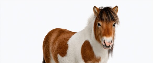 A lone brown and white pony shines like a star in a bright studio 