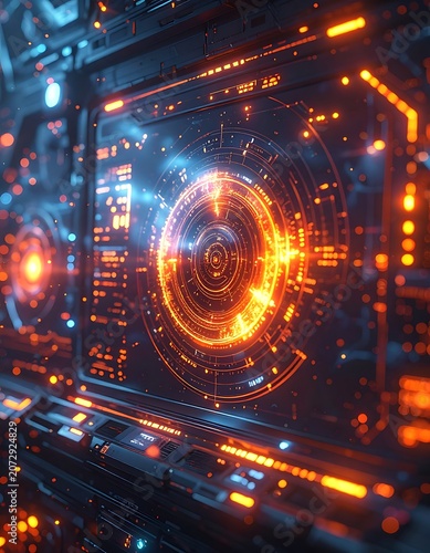 A futuristic orange and blue glowing circuit board with concentric circles