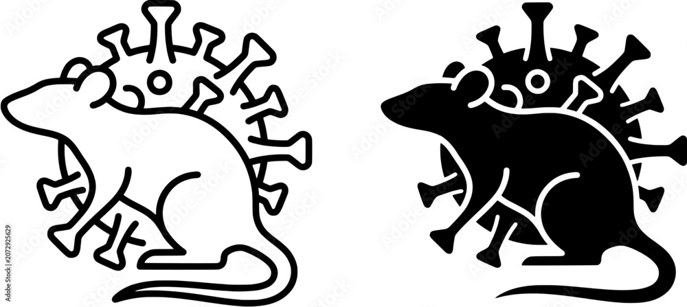 Fototapeta premium Rat virus icon set. Vector illustration featuring rodent and pathogen symbols in outline and solid styles. Isolated on white background, fully scalable design.