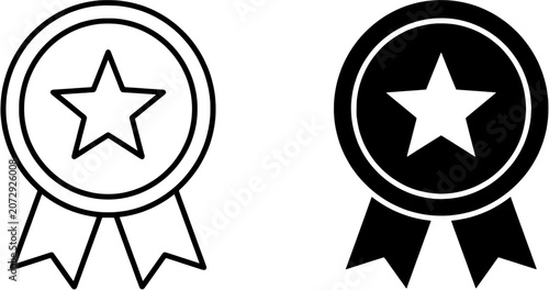 Award medal icon set. Ribbon and star symbols in outline and solid black styles. Editable vector illustration on white background.