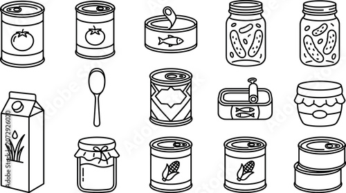 Food packaging and canned goods outline icon set featuring jars, tins, milk carton, preserved vegetables, and grocery storage containers