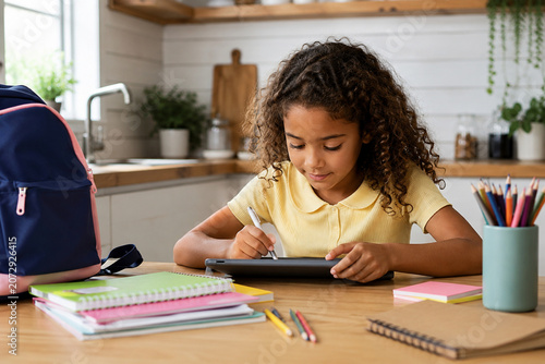 Young girl with curly hair doing homework on a digital tablet at the kitchen table.