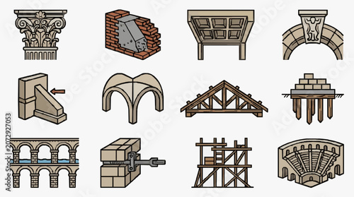 Photos Corporate Set of Classic Architectural Elements and Construction Techniques in M