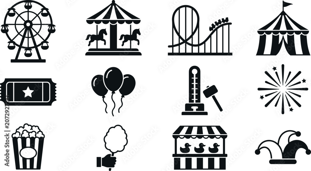 Fototapeta premium Amusement park and carnival entertainment icon set featuring Ferris wheel, circus tent, roller coaster, fireworks, popcorn, and festival attractions