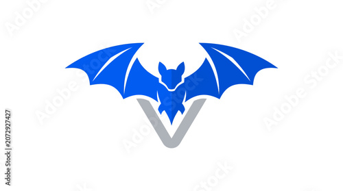 Blue bat silhouette logo over gray letter V.