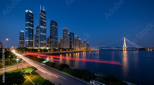 Nighttime Cityscape Featuring Bright Skyscrapers, a Red Bridge, and Reflective Waterfront.