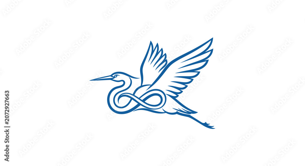 Fototapeta premium Blue heron bird flying with minimalist line art style.