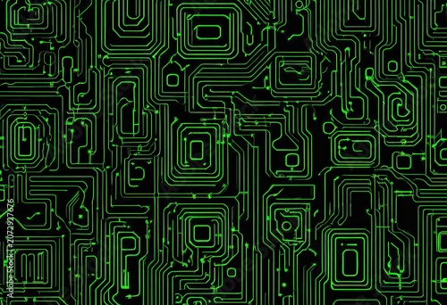 Seamless pattern of an electronic circuit board with geometric green neon lines on black