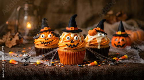Halloween Cupcakes with Spider Decorations on Brown Fabric Background on a Transparent on a transparent background