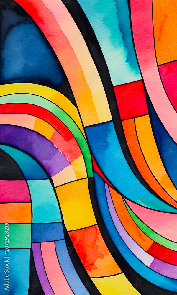Fototapeta premium Bright multicolored wavy stripes on dark background, abstract pattern