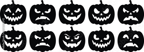 Ten detailed black silhouette halloween pumpkin faces with evil and sinister expressions halloween jackolantern silhouette decoration seasonal illustration collection