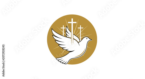 Christian dove and crosses gold circle logo symbol.