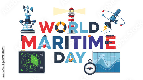 Canvastavla World Maritime Day Celebration: A vibrant graphic celebrating World Maritime Day, featuring navigational instruments, a satellite, and maritime symbols alongside bold lettering to mark the occasion