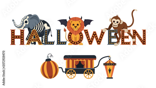 Canvas Print Halloween Circus Extravaganza: A whimsical illustration featuring an elephant skeleton, a lion with bat wings, and a monkey flanking the word HALLOWEEN in illuminated marquee letters