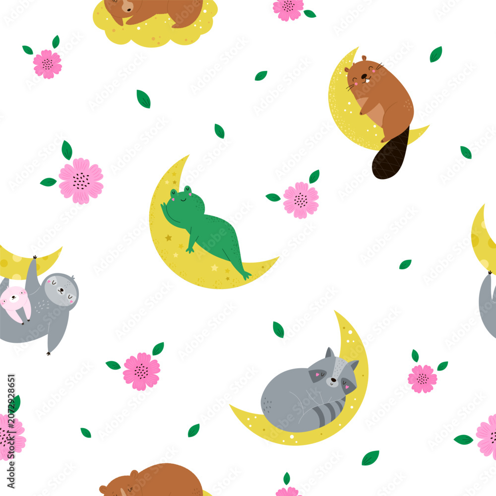Fototapeta premium Seamless pattern with cute animals sleeping on moons and clouds