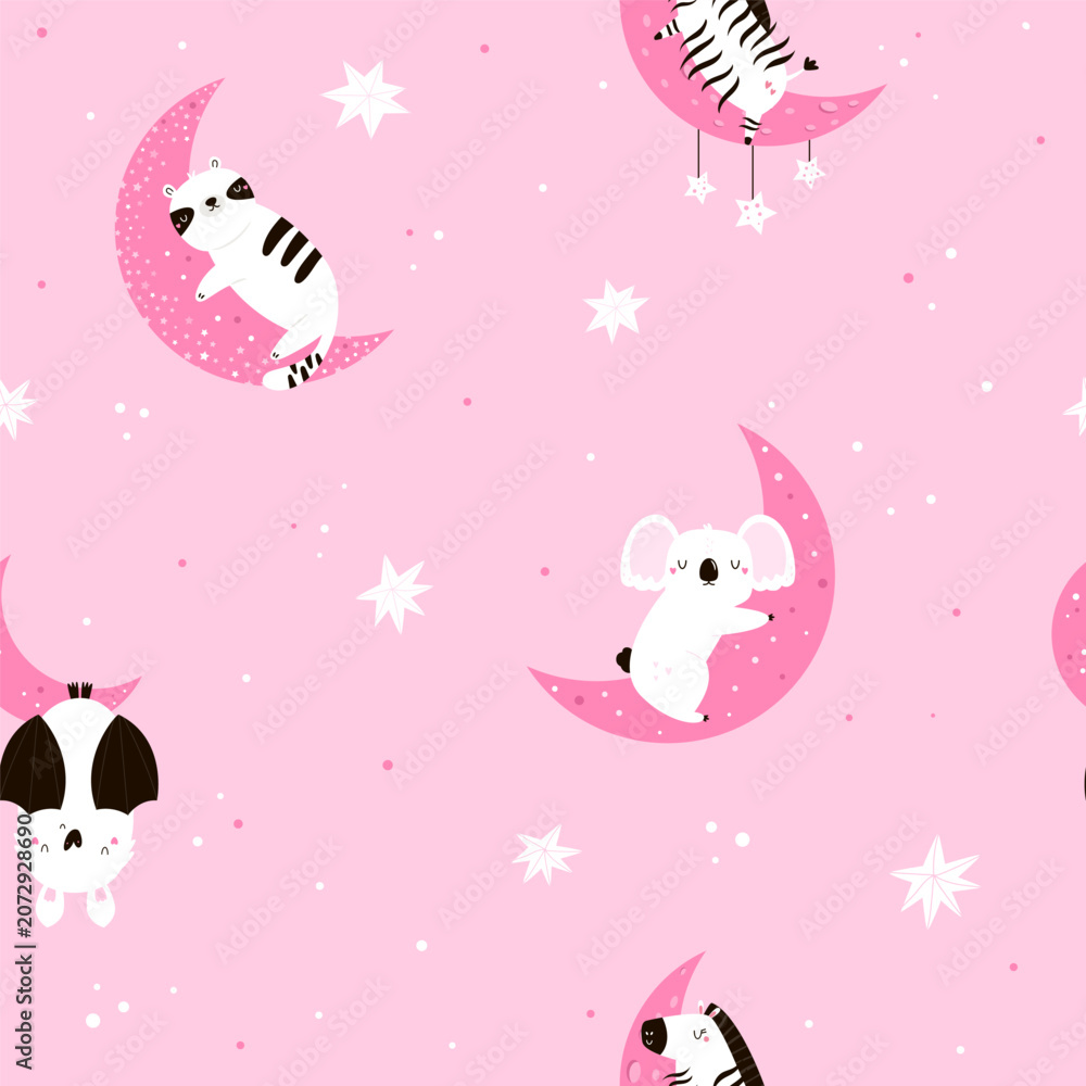 Obraz premium Seamless pattern with cute cartoon animals sleeping on pink moons with stars