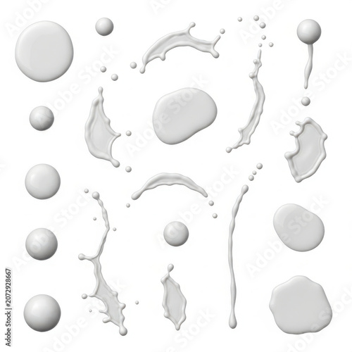 Set of gray paint splashes and round liquid drops for creative design projects