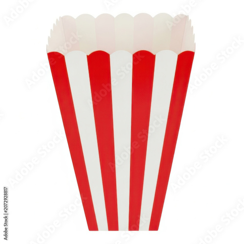 A red and white striped bucket container for popcorn snacks for movies and cinema entertainment in a simple flat style