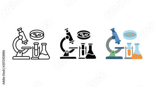 Laboratory microscope and chemistry glassware icon set outline silhouette and color vector isolated on white background
