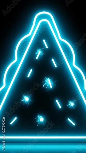 Blue neon triangle glowing on dark reflective surface.